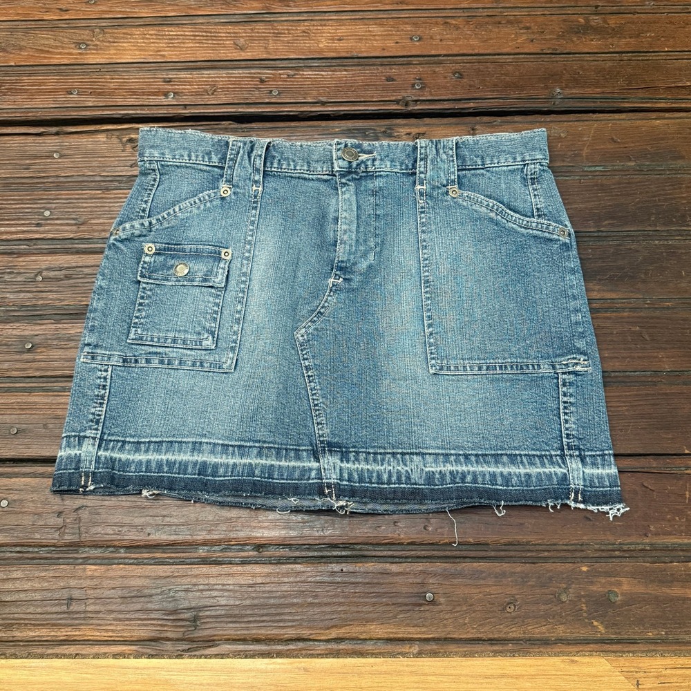 Express Precision Fit Denim Mini Skirt Cargo Utility Raw Hem Blue Sz 5/6 NEW Y2K